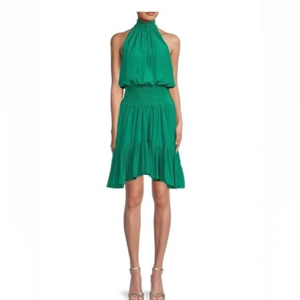 A.L.C. Cody Smocked Green Dress Smocked Halter Mini‎ Tiered Ruffle Hem Size 10